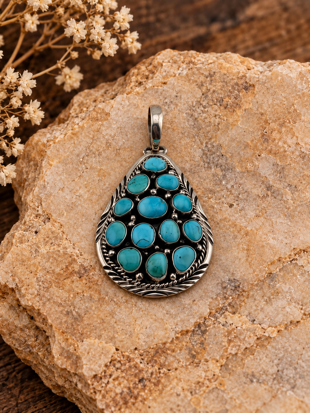 Turquoise teardrop cluster pendant signed B Johnson in .925 sterling silver on styled stone background
