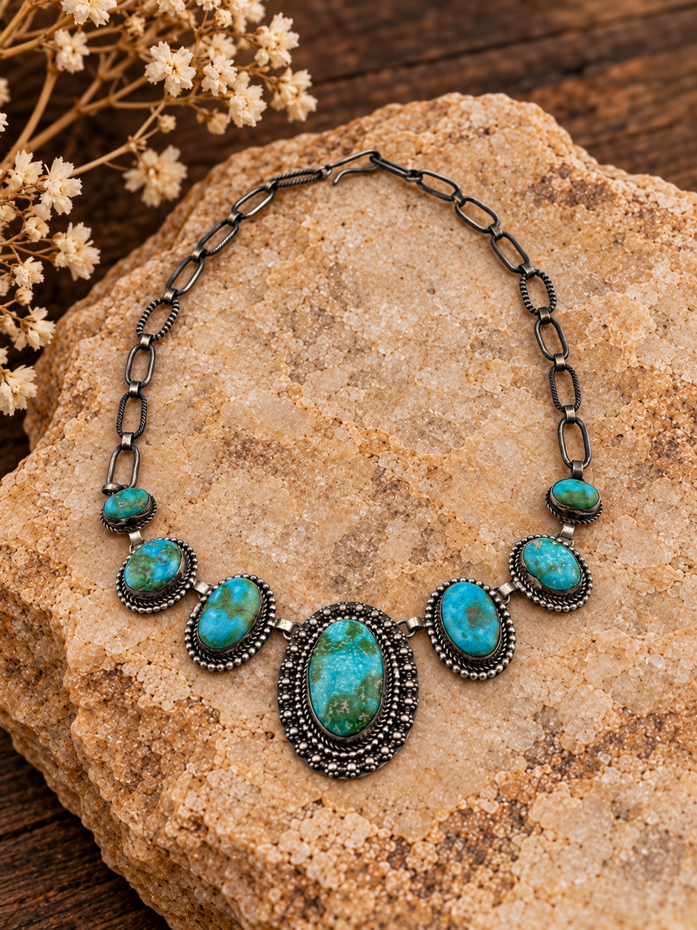 Seven-stone turquoise sterling silver necklace with beaded central setting and styled stone background