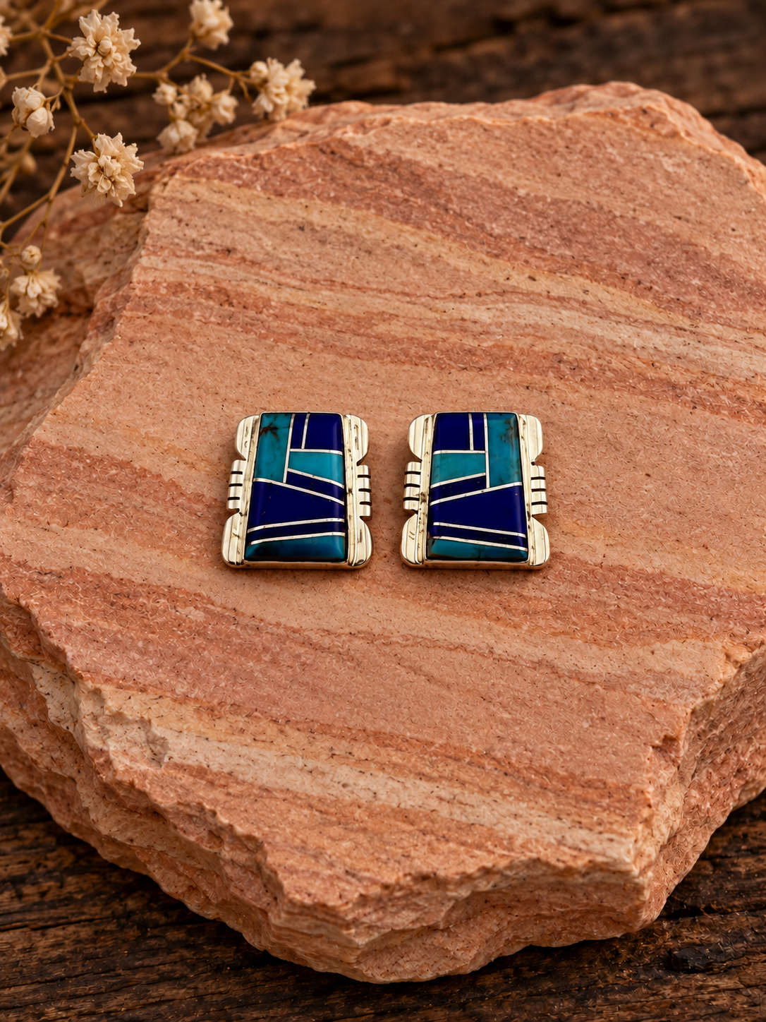 Blue geometric inlay rectangular earrings on rose sandstone