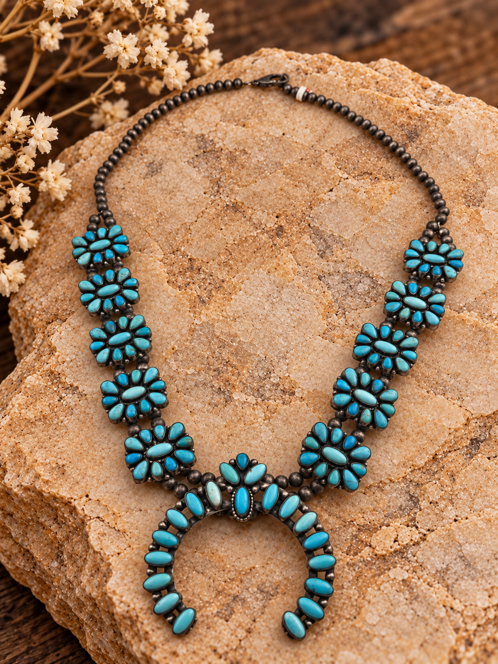 P. Johnson turquoise cluster necklace in sterling silver, full necklace with styled stone background